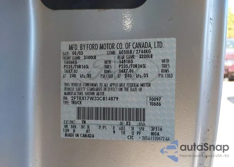 2003 Ford F-150 Lariat/Xl/Xlt из США, поврежденный, VIN 2FTRX17W33CB14879